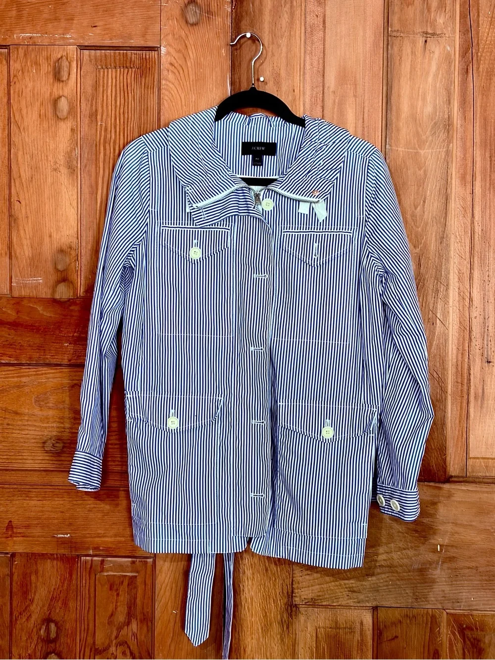 Title J.Crew – Blue White Striped Utility Anorak Jacket Tie Waist – Sz. PM
